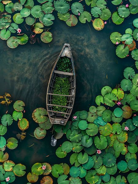 Lotus pond with fishing boat by haroulita