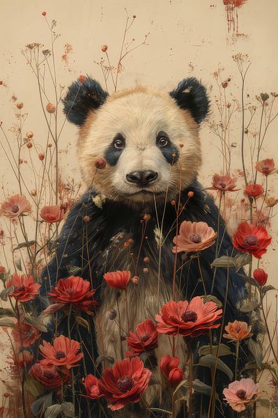 Panda Paradijs - Panda omringd door Prachtige Bloemen van Eva Lee