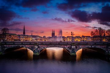 Hamburg, Alster, Sonnenuntergang, Architektur, Brücke