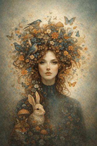 Frühlingsseele – Florales Schmetterlings-Kunstporträt als Wanddekoration