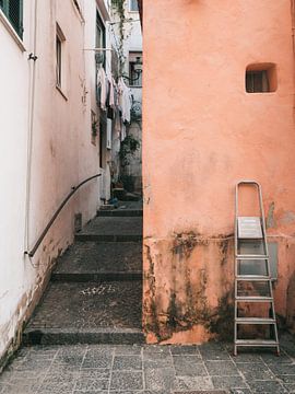 Oranje muur met ladder in Ischia Porto, Italië van Michiel Dros