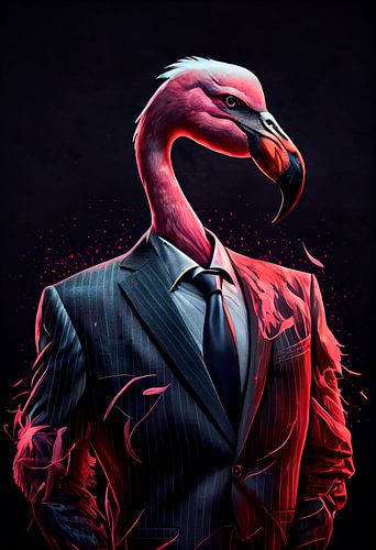 Stately standing portrait of a Flamingo in a suit