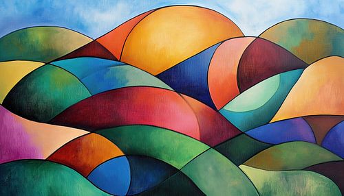 Kleurrijke landschap bergen en golven abstract acryl panorama