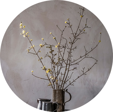 Stilleven met voorjaarsbloesem en tinnen bierpullen op hout van Affect Fotografie
