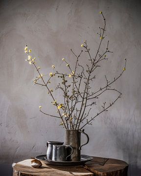 Stilleven met voorjaarsbloesem en tinnen bierpullen op hout van Affect Fotografie