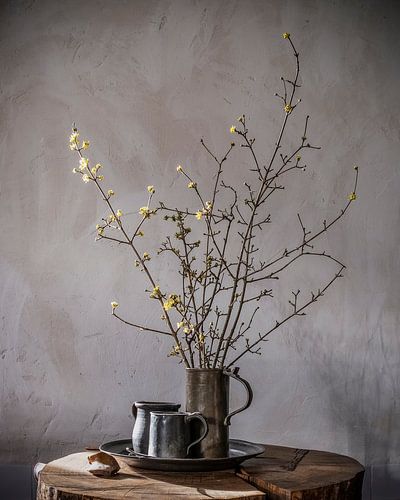 Stillleben mit Frühlingsblüte und Zinnbierkrügen auf Holz