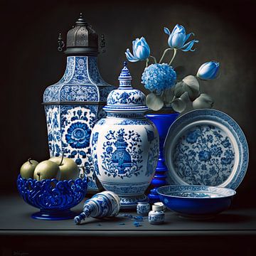 Klassiek stilleven met Delfts blauw aardewerk en blauwe bloemen van Vlindertuin Art