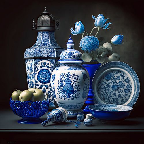 Classic still life with Delft blue pottery and blue flowers by Vlindertuin-Art