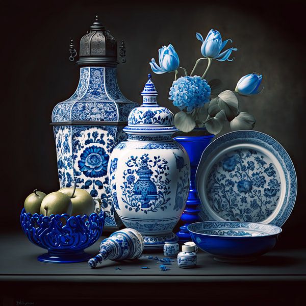 Classic still life with Delft blue pottery and blue flowers by Vlindertuin-Art