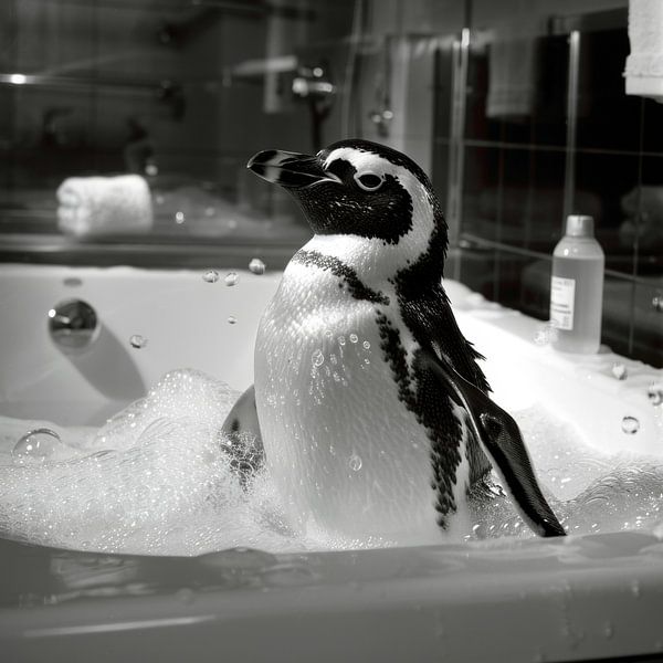 Cheerful penguin in the bath - an enchanting bathroom picture for your WC by Poster Art Shop
