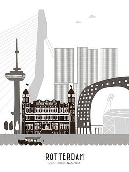 Skyline illustration city Rotterdam | Feijenoord | Kuip black-white-grey