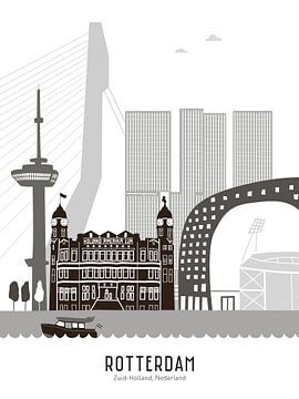 Skyline Illustration Stadt Rotterdam | Feijenoord | Kuip schwarz-weiß-grau