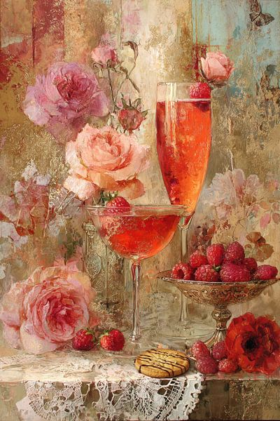 Flowers and Champagne Still Life - Romantic and Lively Painting by Joriali photography and paintings