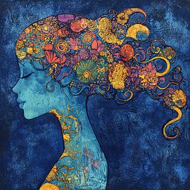 Frau mit Farben | Frau mit Blumenfrisur und blauem Hintergrund von Kunst Laune