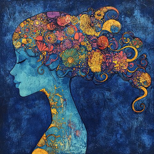 Femme avec couleurs | Femme avec coiffure florale et fond bleu