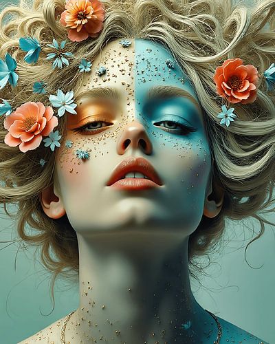 Surrealist portrait of a woman with flowers