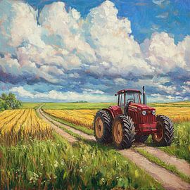 Tracteur rouge dans un champ doré sur Poster Art Shop