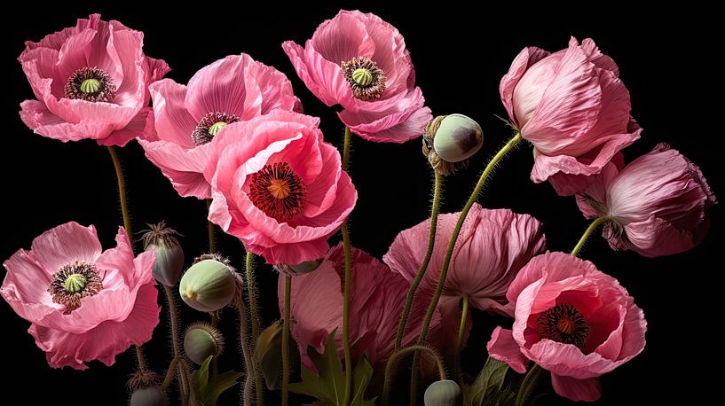 Pink poppy-like flowers against black background by Vlindertuin-Art