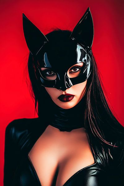 Seductive cat costume against a red background by Poster Art Shop