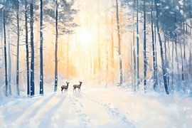 Winter landscape with deer in the snow by Poster Art Shop