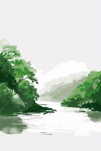 Rustgevend schilderij van rivier en bomen van Art & Soul Creations