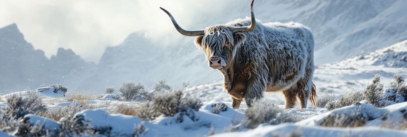 Panoramic Scottish highlander under snow by Digitale Schilderijen