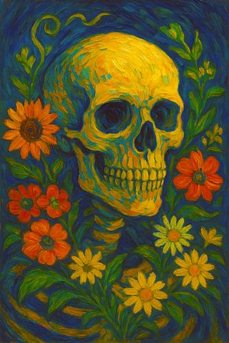 Skull with flowers painting