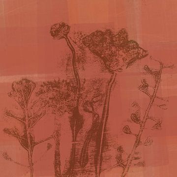 Botanische kunst. Bloemen in rustiek kastanjehout op mahonierood. van Dina Dankers