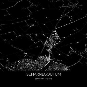 Zwart-witte landkaart van Scharnegoutum, Fryslan. van Rezona