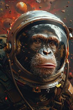 Hyperrealistische aap-astronaut in levendige ruimte van Felix Brönnimann