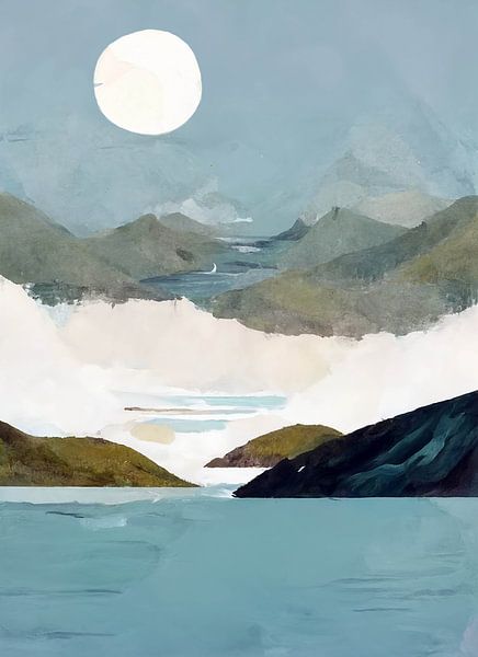 Minimal landscape in watercolour aqua blue by Color Square