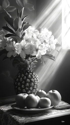 zwart wit stilleven van bloemen en fruit in een extreem dramatisch licht