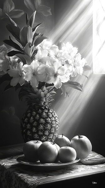 Black and white still life of flowers and fruit in extremely dramatic light by Gelissen Artworks
