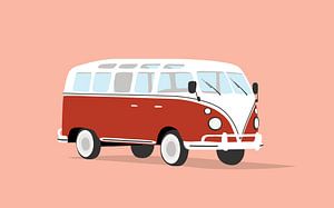 Rood Volkswagen busje op een roze achtergond