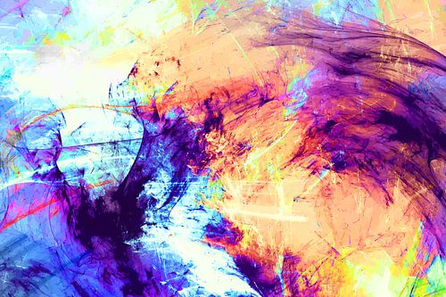 Modern, Abstract Digitaal Waterverf Kunstwerk in Oranje Roze Paars