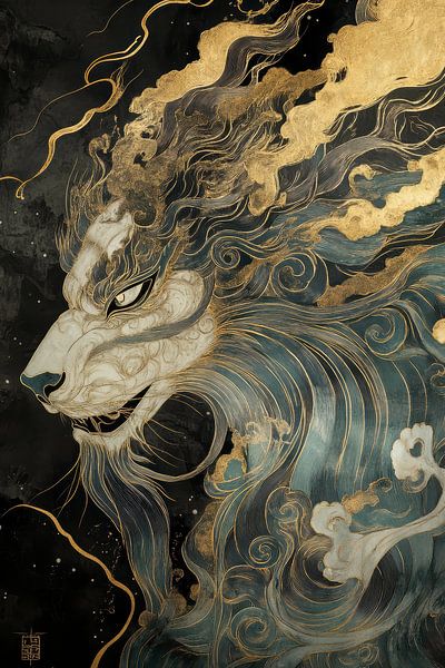 Mystic lion with gold accents and blue mane by Digitale Schilderijen