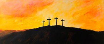 Kruisen in silhouet bij zonsondergang van Poster Art Shop