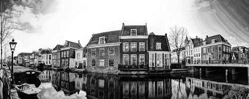 Nieuwe Rijn Panorama Leiden Nederland Zwart-Wit