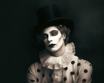 Melancholic Pierrot portrait in black and white by Vlindertuin Art
