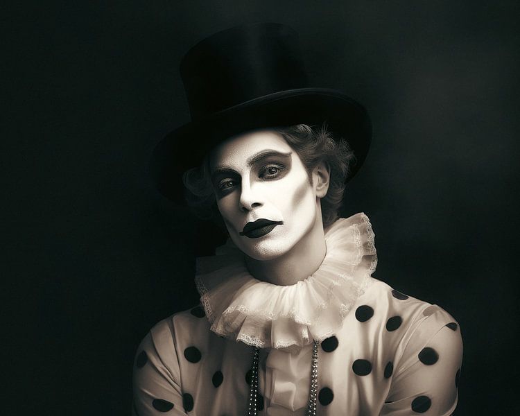 Melancholisch Pierrot portret in zwart wit van Vlindertuin-Art
