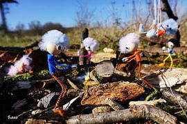 Collaboration of Fubby dolls at a woodland workshop.