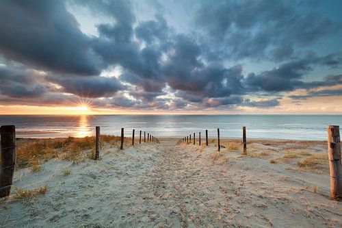 romantic path to the sand beach at sunset
