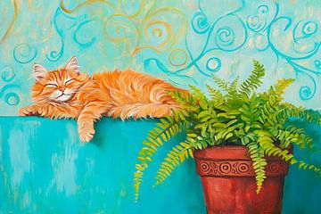 Sleeping cat with fern - Cheerful by Poster Art Shop