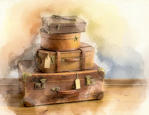 Künstlerische Aquarellmalerei von gestapelten Vintage-Koffer für eine nostalgische Reise