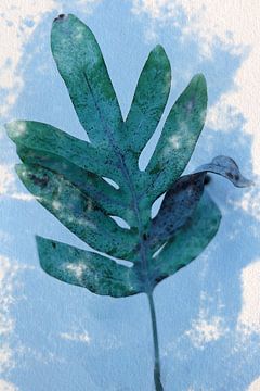 Fern leaf in green and blue. Modern botanical art in retro style by Dina Dankers