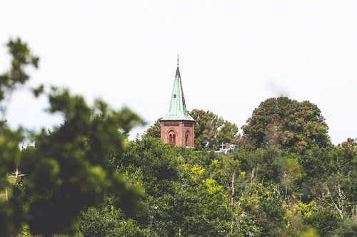 Kerkspits die boven een bos torent van Marc Janson