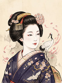 Elegante Geisha in einem indigoblauen Kimono mit Kranichen und Kirschblüten von my pixel art