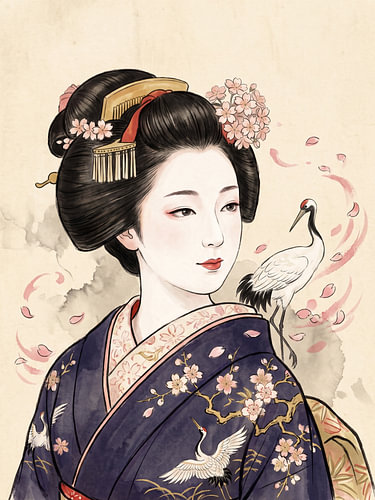 Elegant Geisha in Indigo Kimono with Cranes and Cherry Blossoms