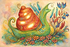 Fantasy snail among flowers by Linda de Klein