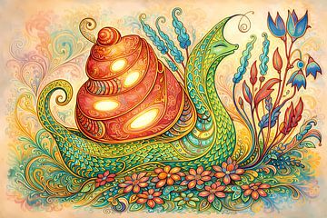 Fantasy snail among flowers by Linda de Klein
